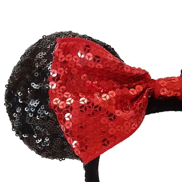 Disney Parks Classic Minnie Mouse Ear Headband Black Red Sequined Disney Trip - Picture 2 of 4